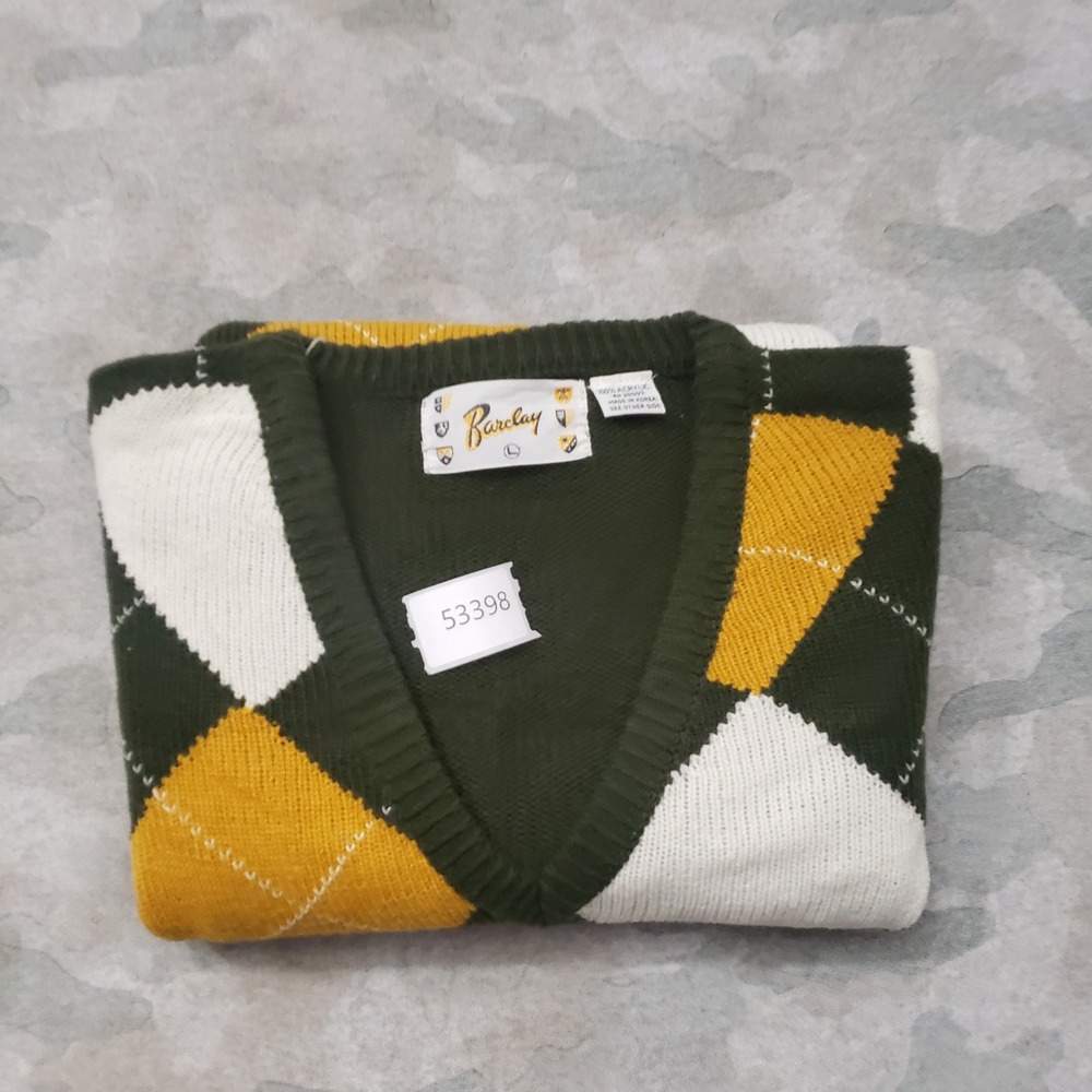 Vintage Barclay Argyle Sweater Mens Large Green V-Neck Knit Preppy Pullover - Picture 8 of 8